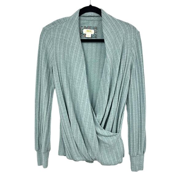 Maeve by Anthropologie Blue Ribbed Knit Long Sleeve Faux Wrap Top Womens XS - Picture 1 of 6